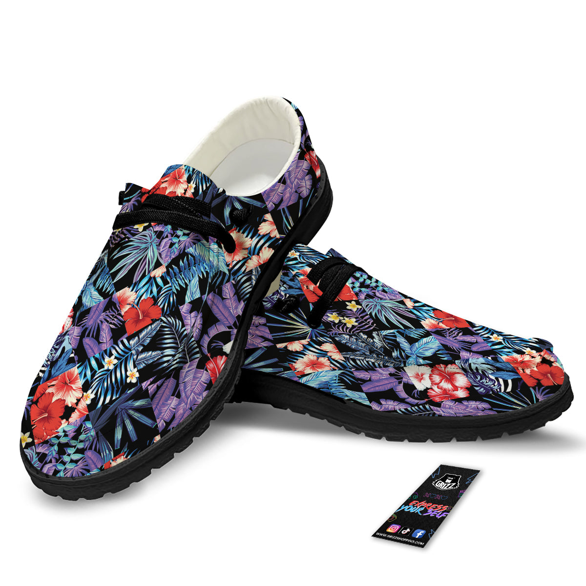 Patchwork Tropical Watercolor Print Pattern Black Loafers-grizzshop