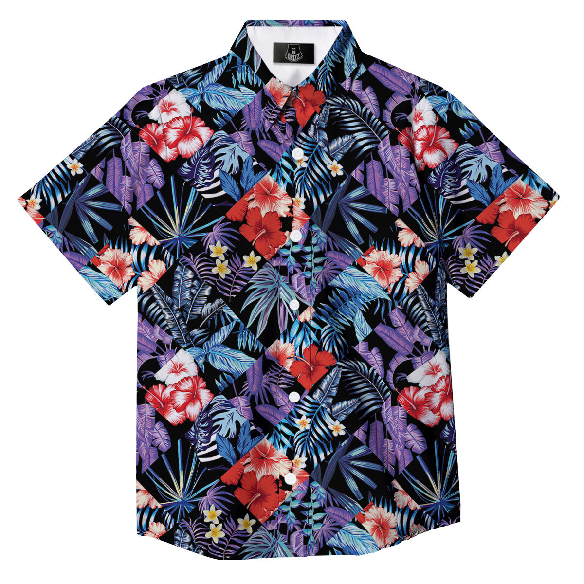 Patchwork Tropical Watercolor Print Pattern Button Up Shirt-grizzshop