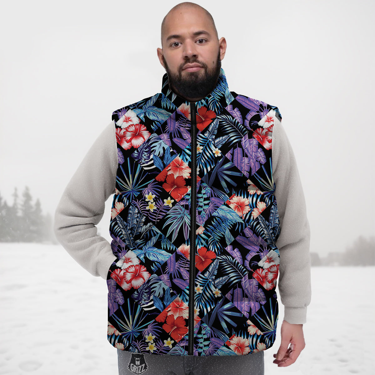 Patchwork Tropical Watercolor Print Pattern Down Vest