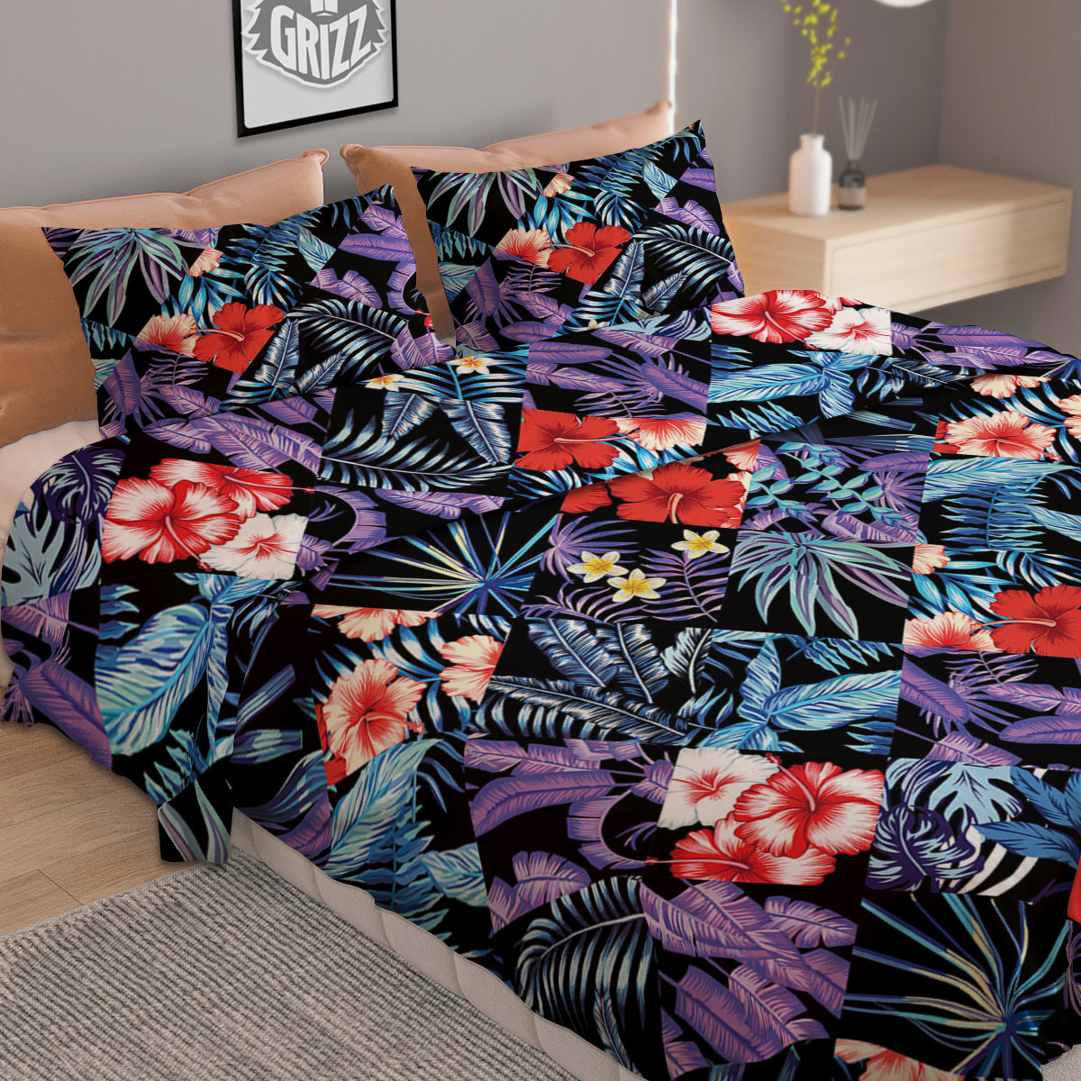 Patchwork Tropical Watercolor Print Pattern Duvet Cover Bedding Set