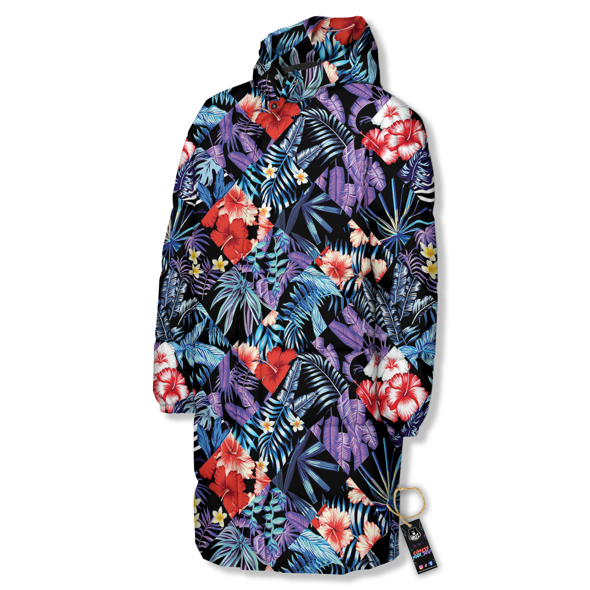 Patchwork Tropical Watercolor Print Pattern Long Down Jacket-grizzshop