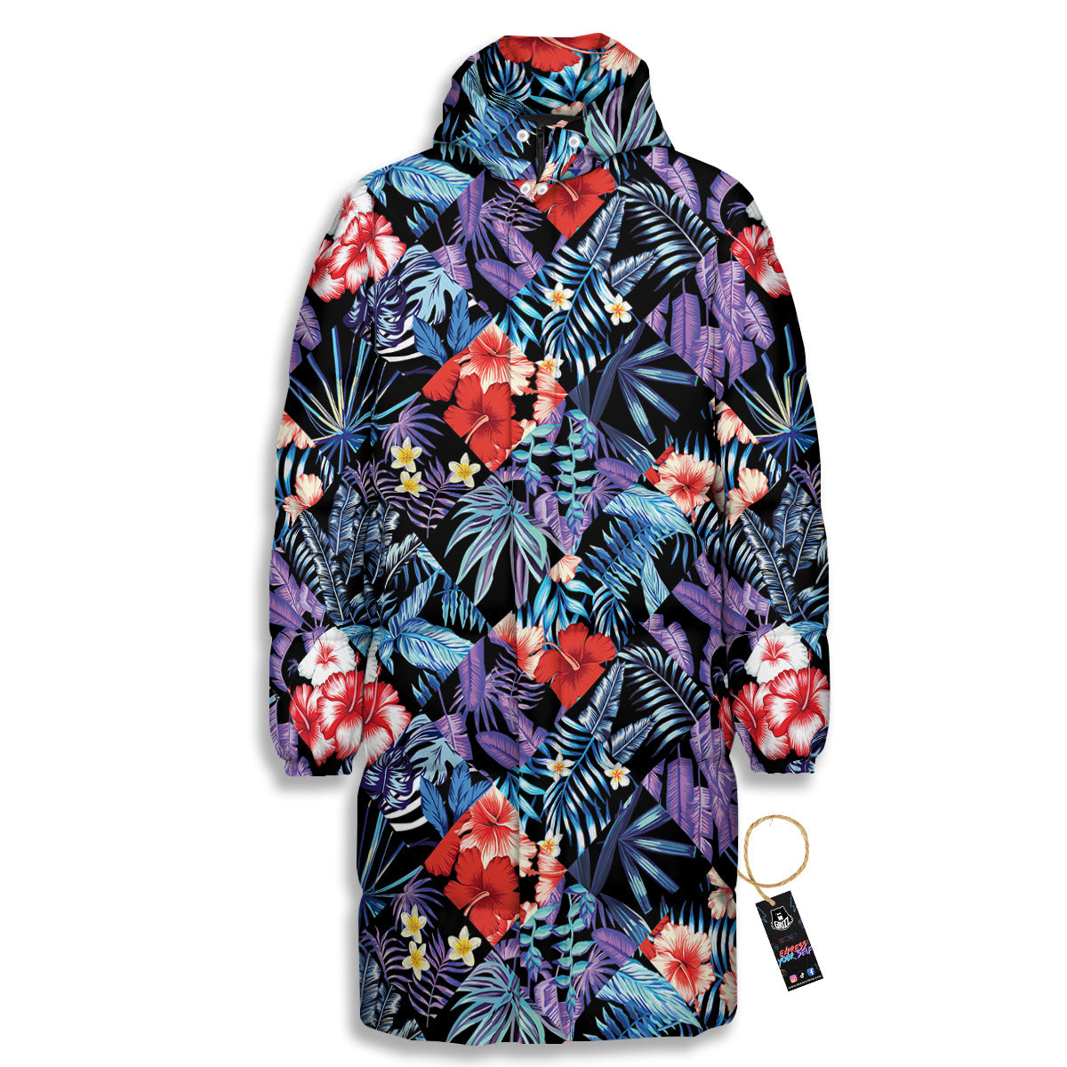 Patchwork Tropical Watercolor Print Pattern Long Down Jacket-grizzshop