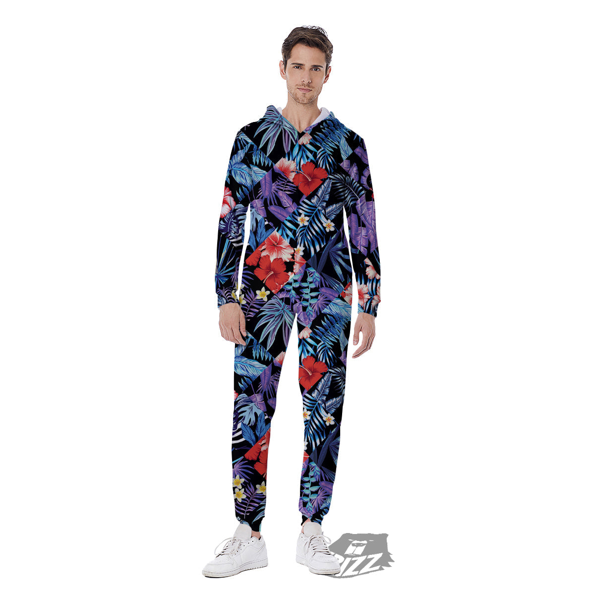 Patchwork Tropical Watercolor Print Pattern Men's Jumpsuit-grizzshop