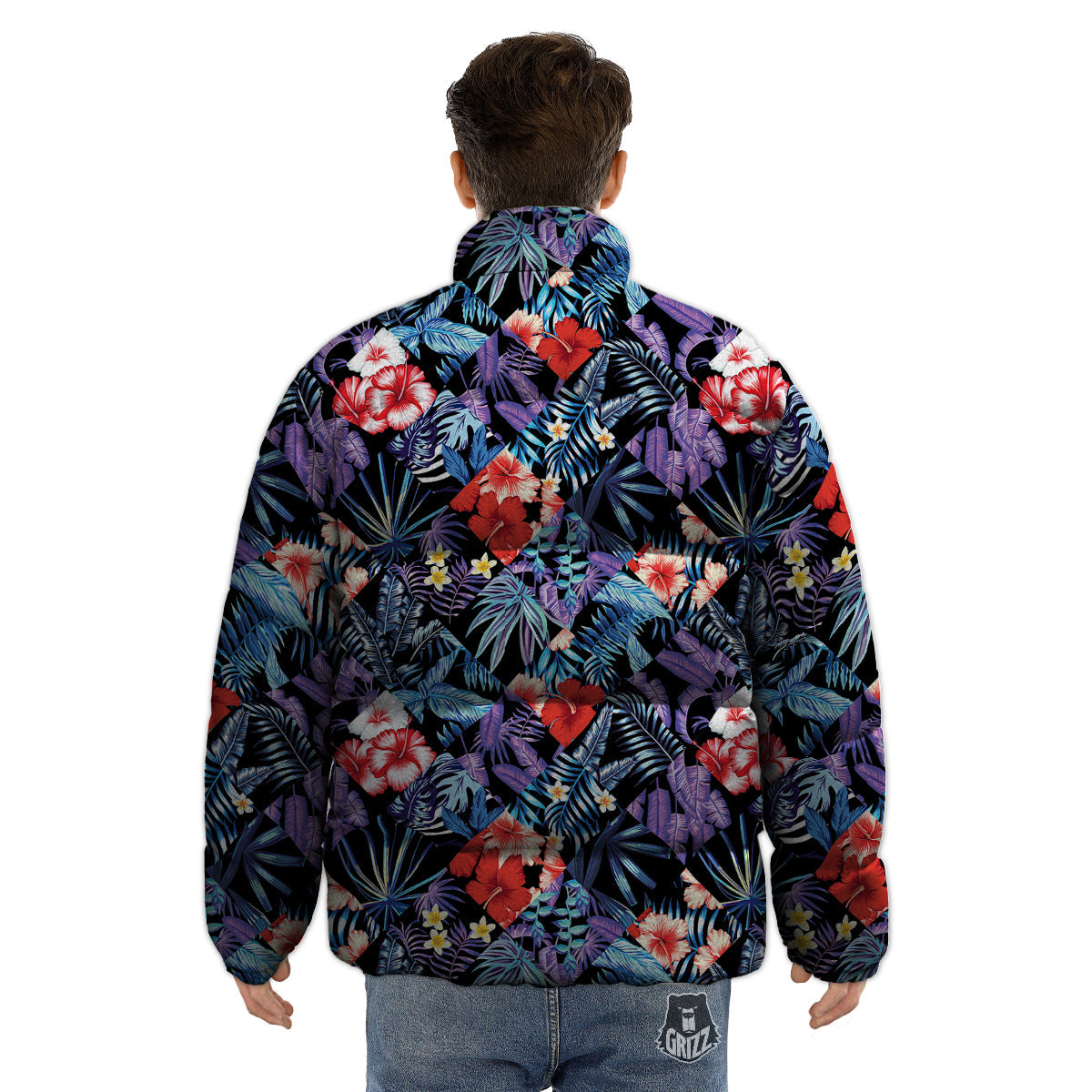 Patchwork Tropical Watercolor Print Pattern Puffer Jacket-grizzshop