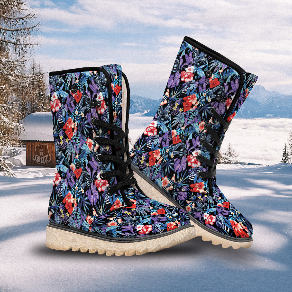 Patchwork Tropical Watercolor Print Pattern Snow Boots-grizzshop