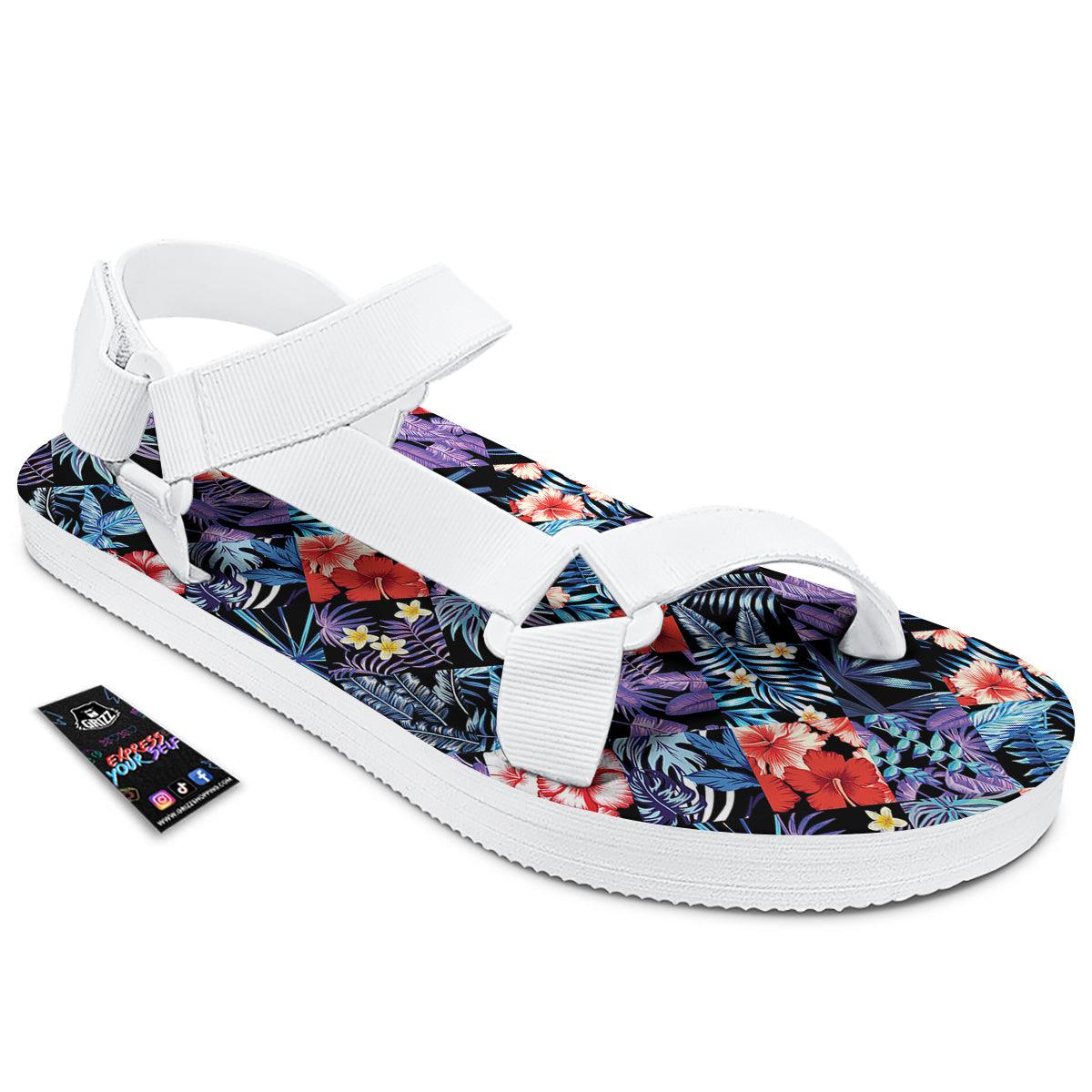 Patchwork Tropical Watercolor Print Pattern White Open Toe Sandals-grizzshop