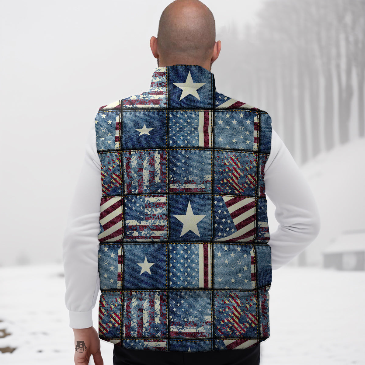 Patchwork U S A Denim Print Pattern Down Vest