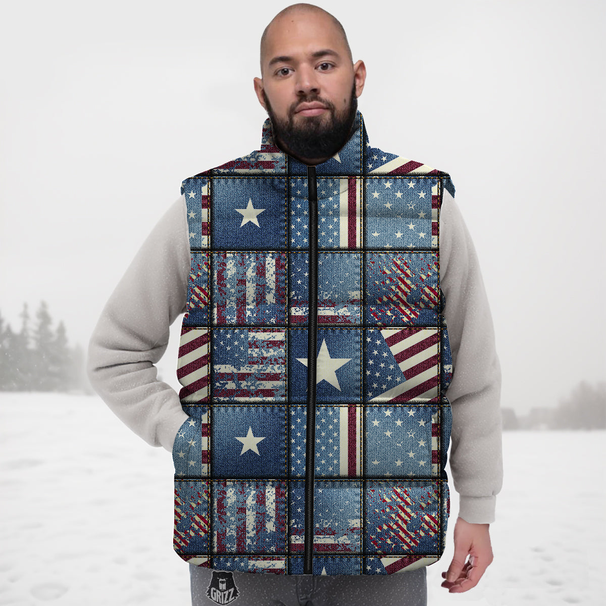 Patchwork U S A Denim Print Pattern Down Vest