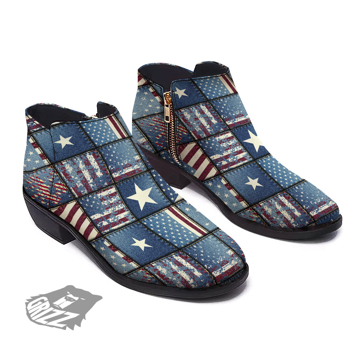 Patchwork USA Denim Print Pattern Ankle Boots-grizzshop