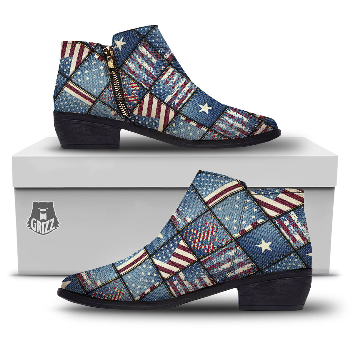 Patchwork USA Denim Print Pattern Ankle Boots-grizzshop