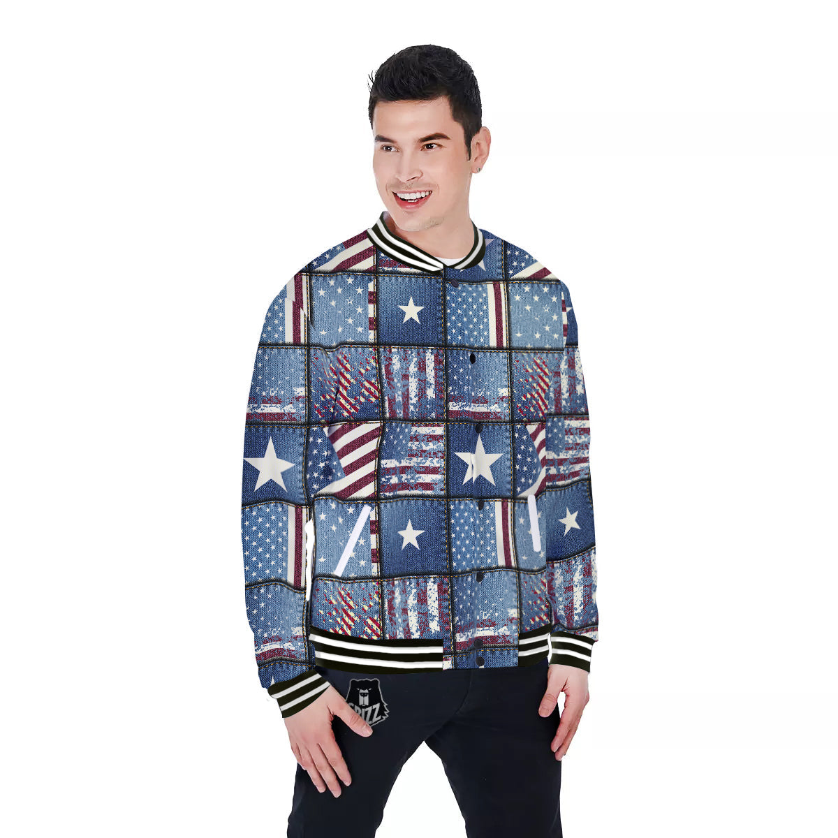 Patchwork USA Denim Print Pattern Baseball Jacket-grizzshop