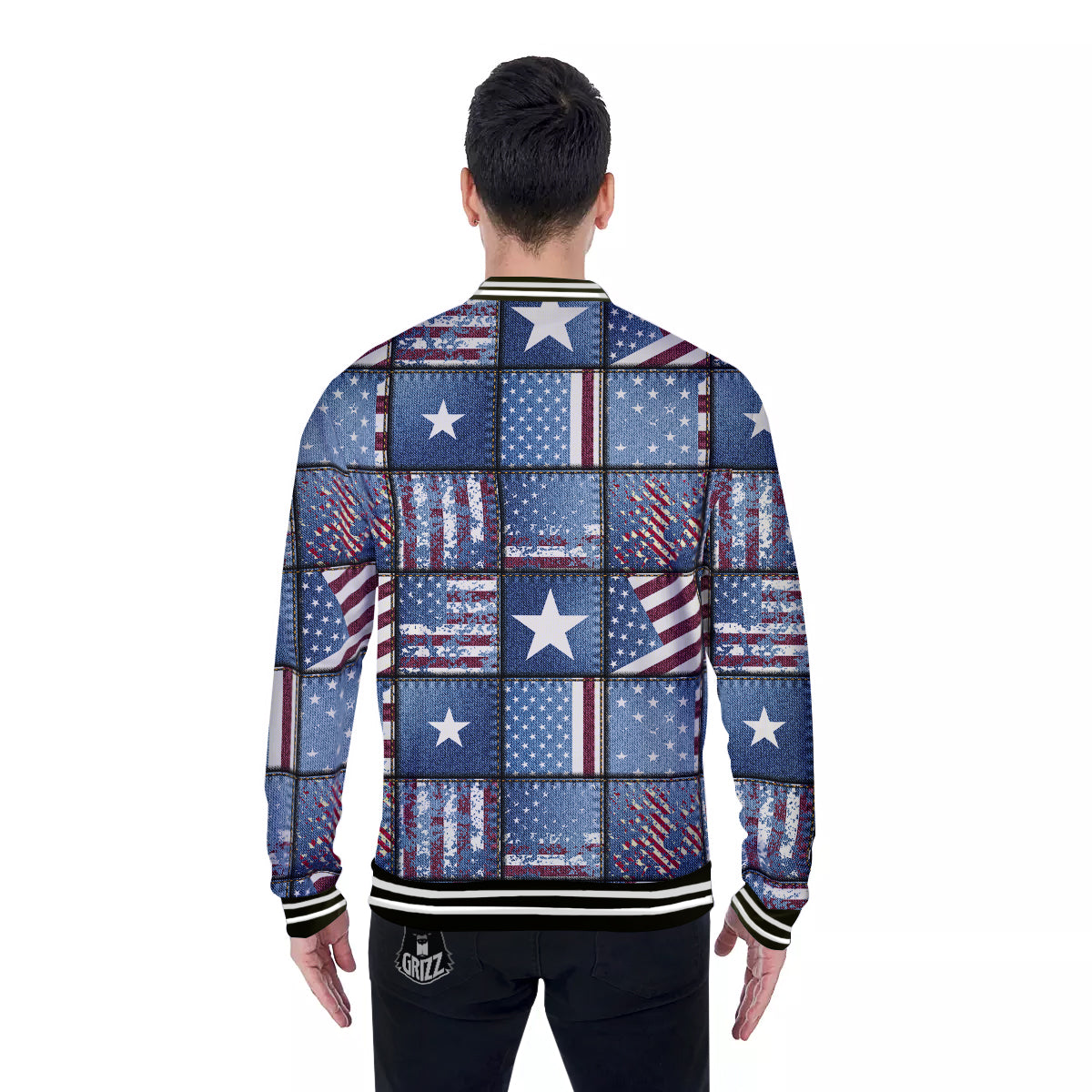 Patchwork USA Denim Print Pattern Baseball Jacket-grizzshop