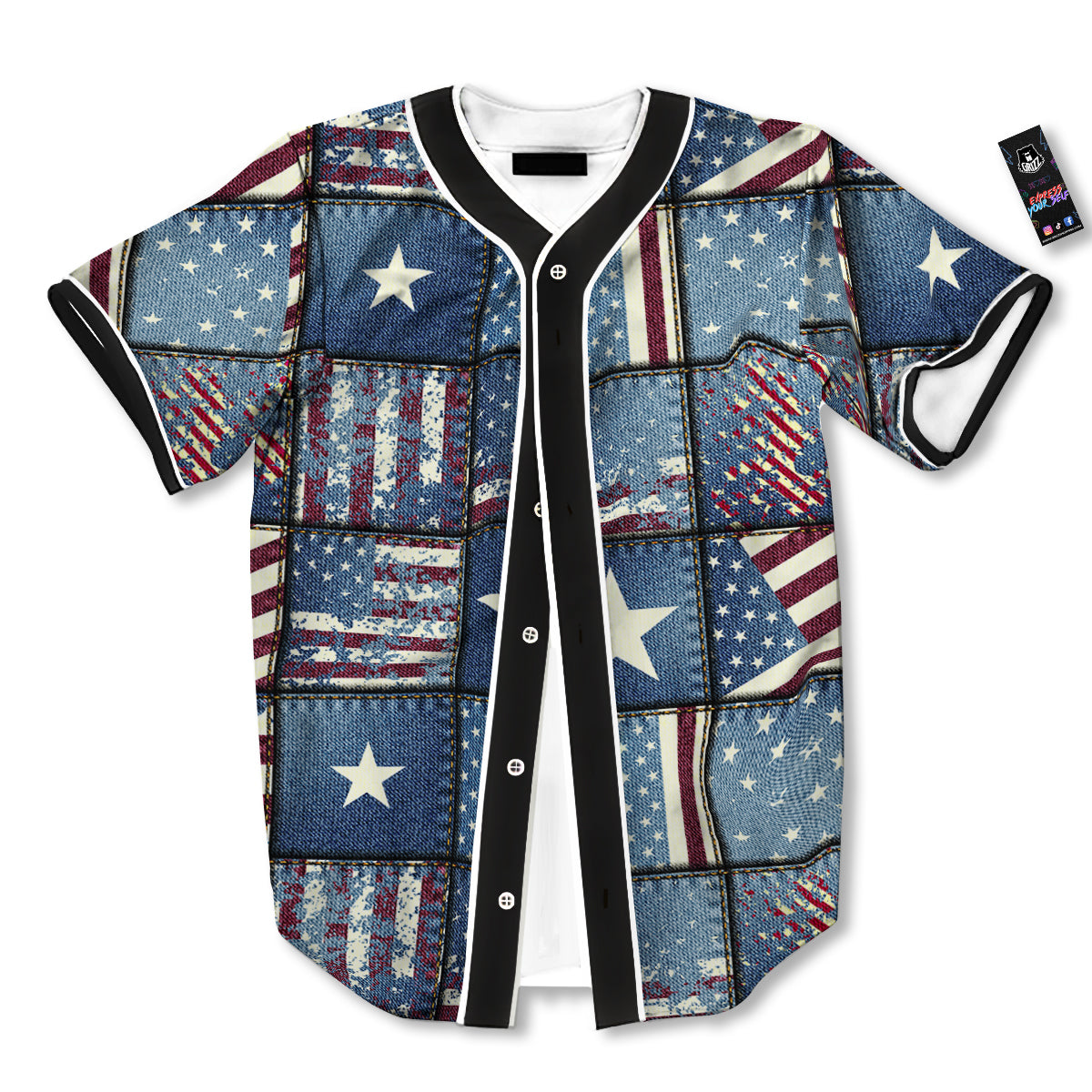 Patchwork USA Denim Print Pattern Baseball Jersey-grizzshop