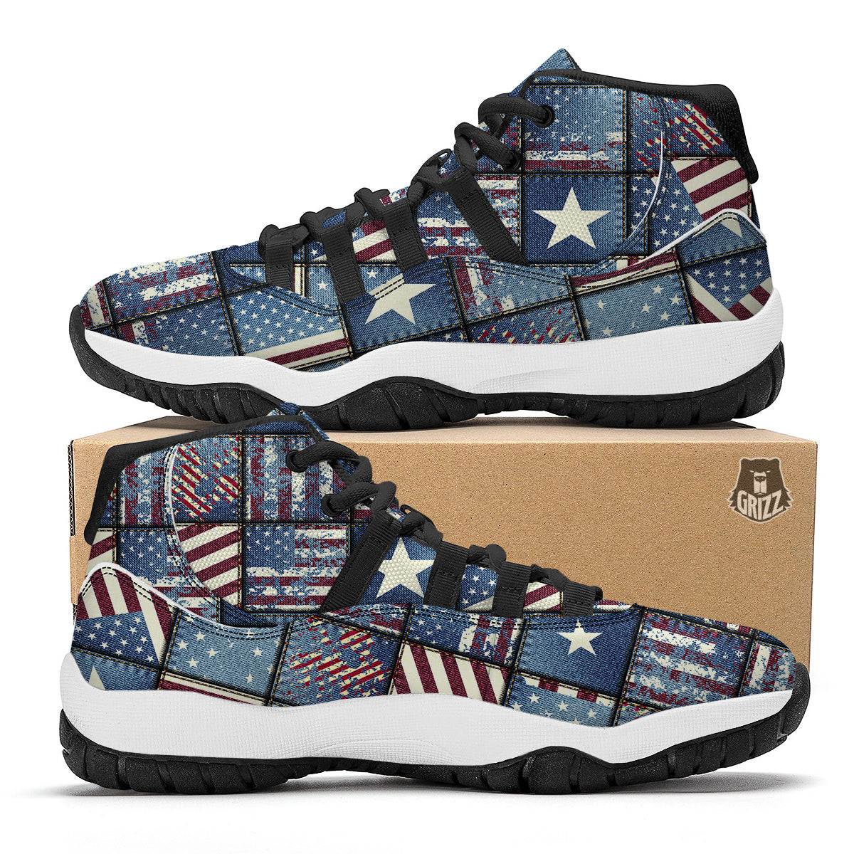 Patchwork USA Denim Print Pattern Black Bball Shoes-grizzshop