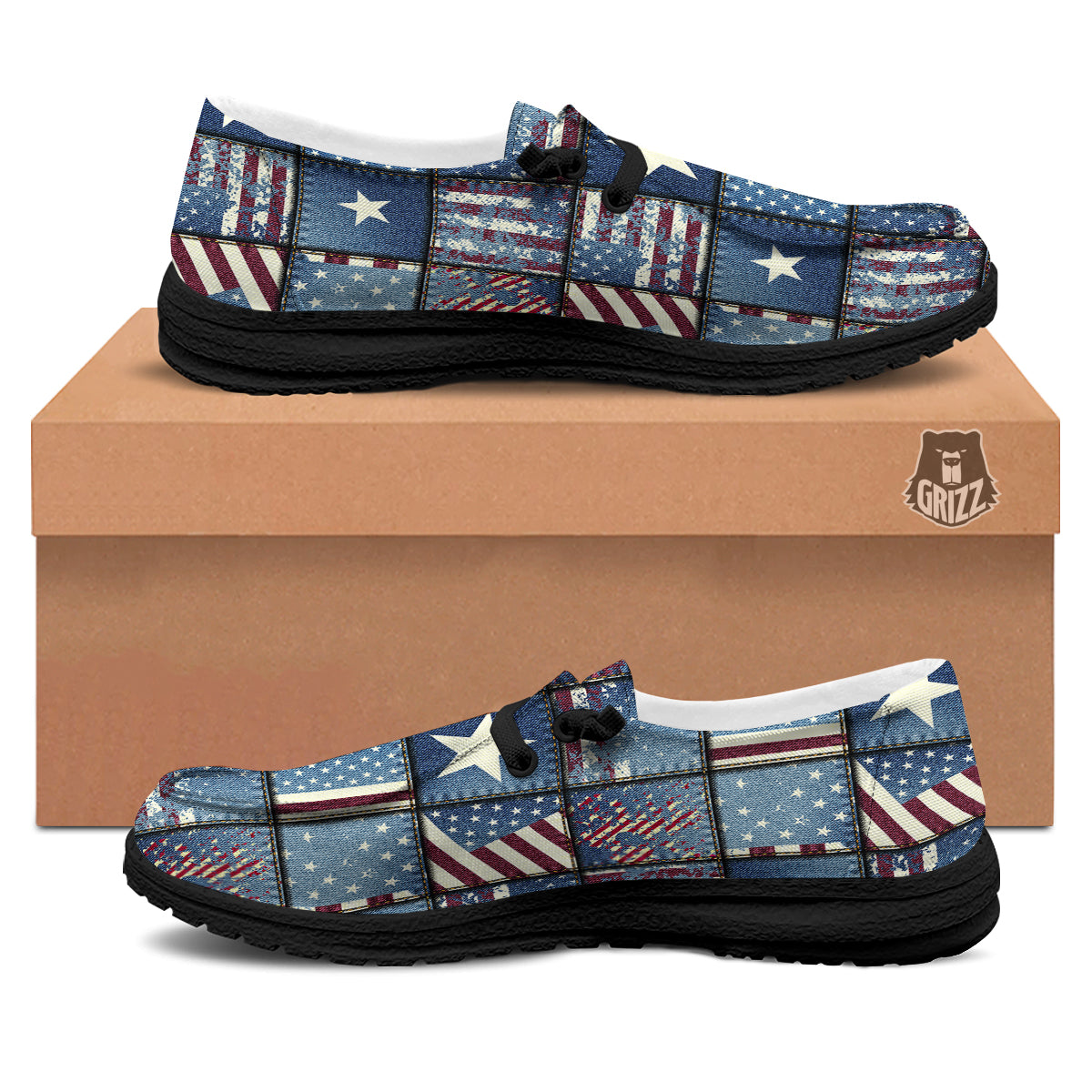 Patchwork USA Denim Print Pattern Black Loafers-grizzshop