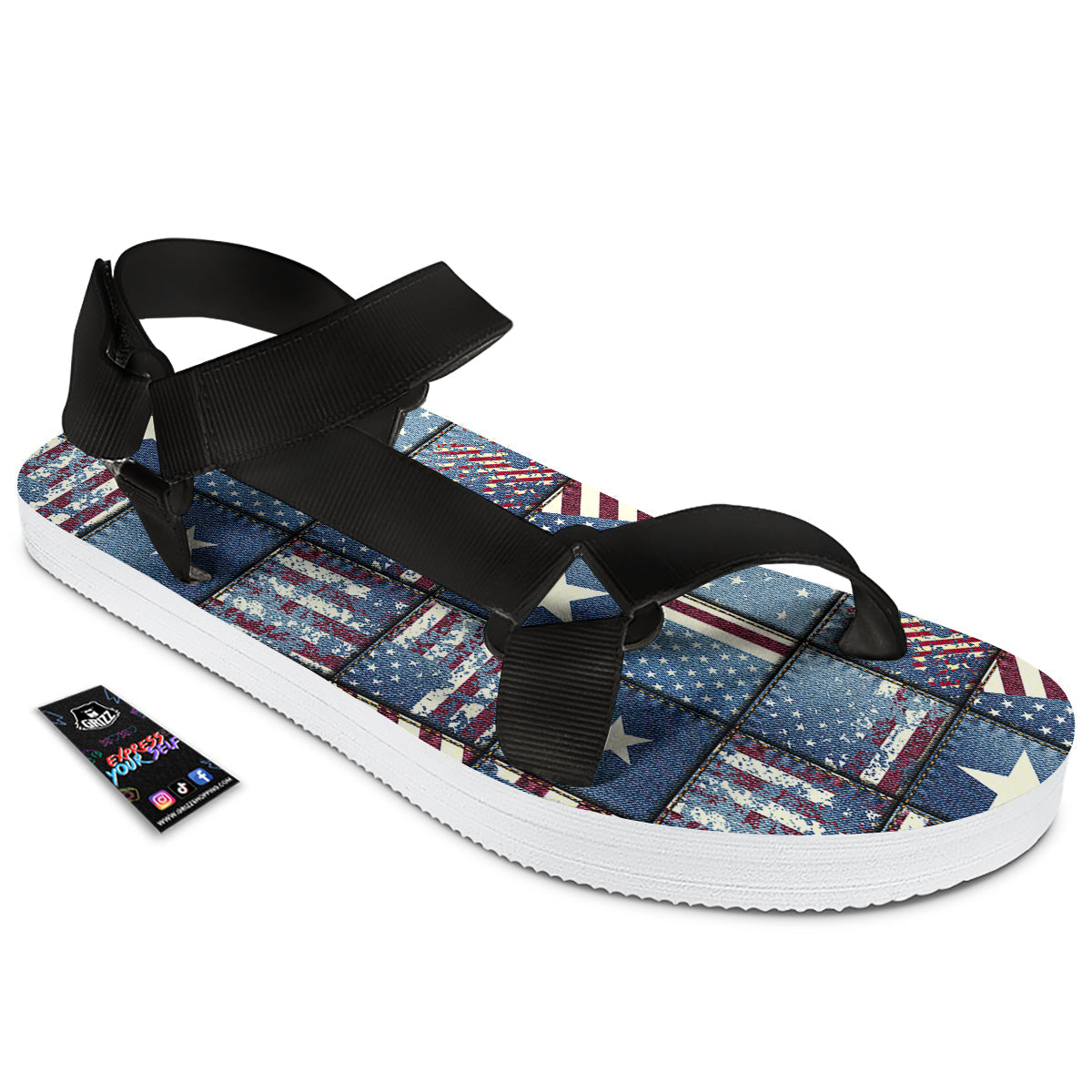 Patchwork USA Denim Print Pattern Black Open Toe Sandals-grizzshop