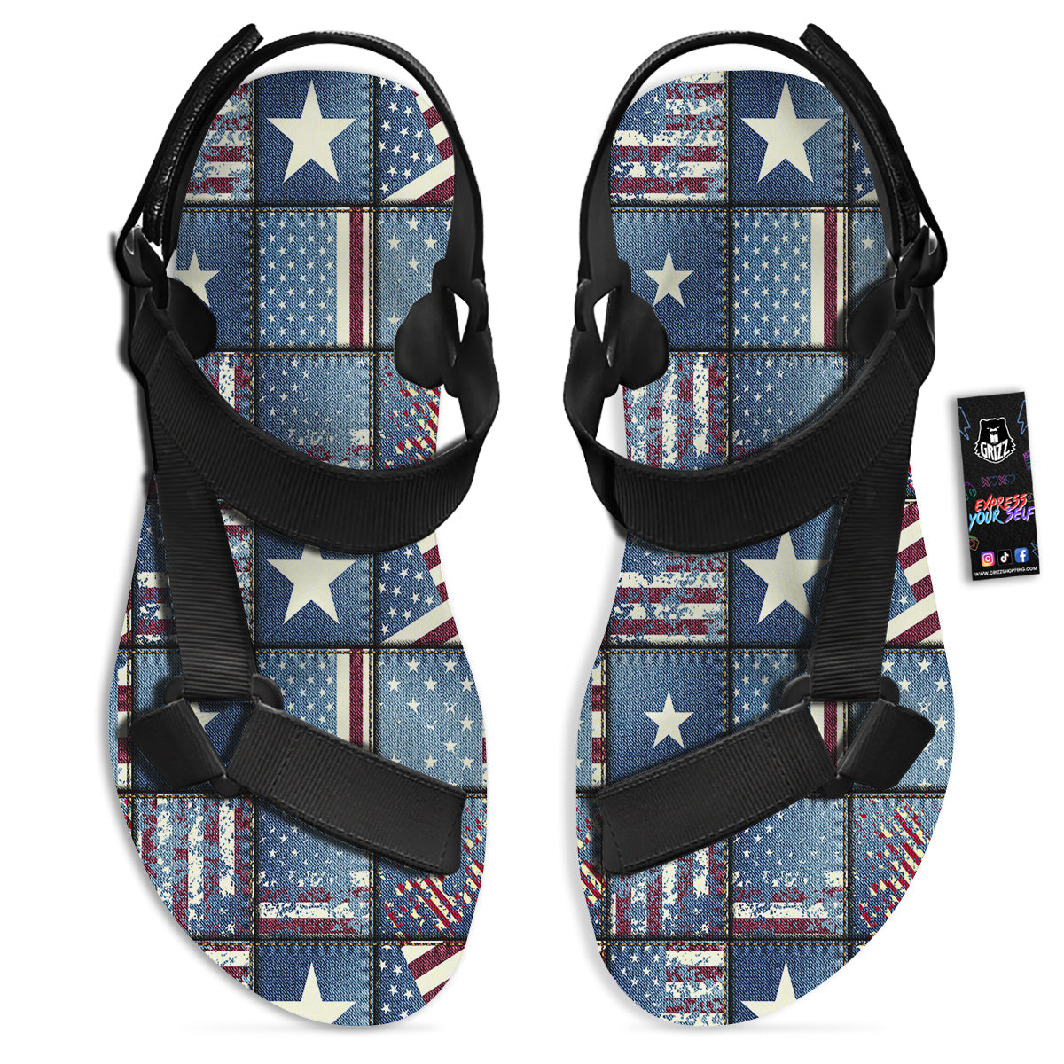 Patchwork USA Denim Print Pattern Black Open Toe Sandals-grizzshop