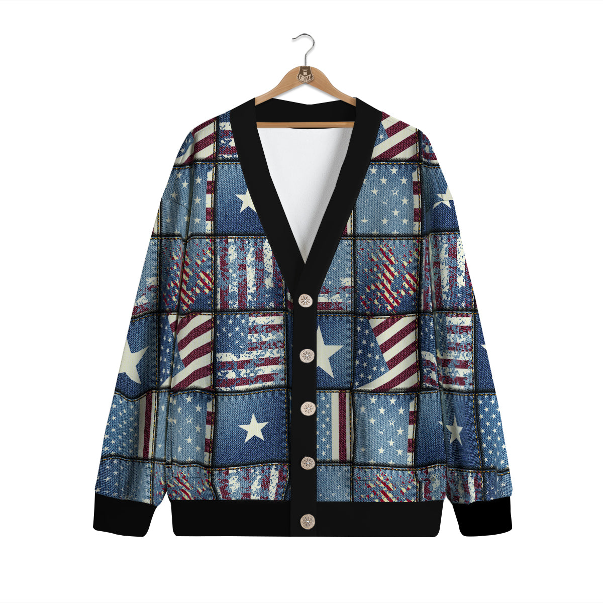 Patchwork USA Denim Print Pattern Cardigan-grizzshop