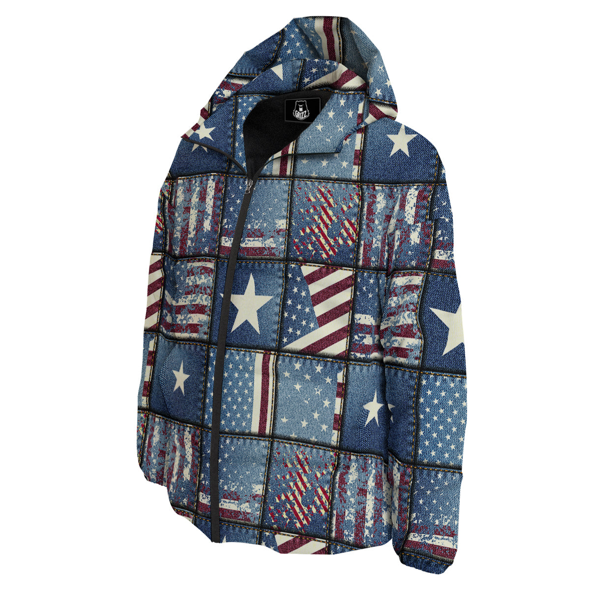 Patchwork USA Denim Print Pattern Down Jacket-grizzshop