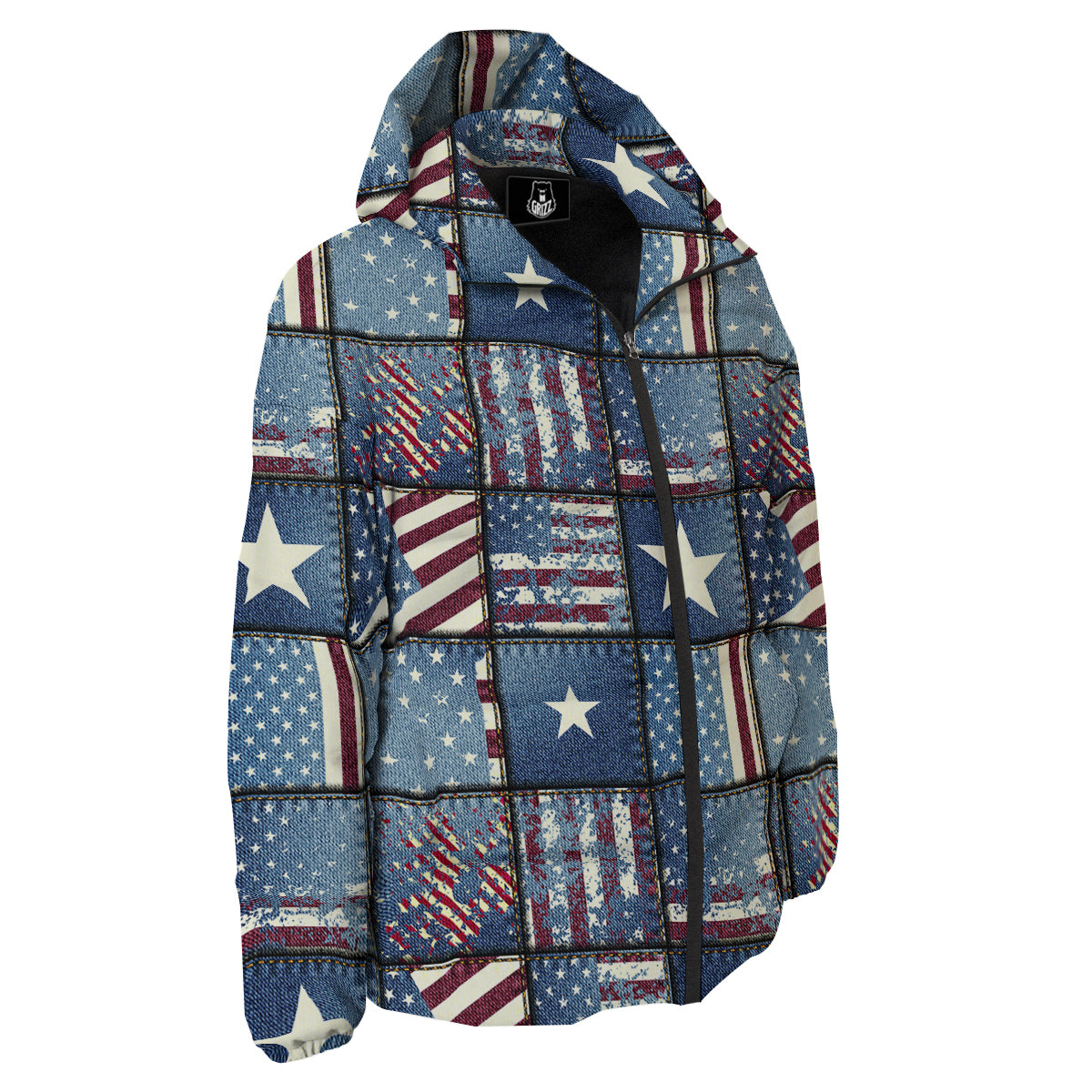 Patchwork USA Denim Print Pattern Down Jacket-grizzshop