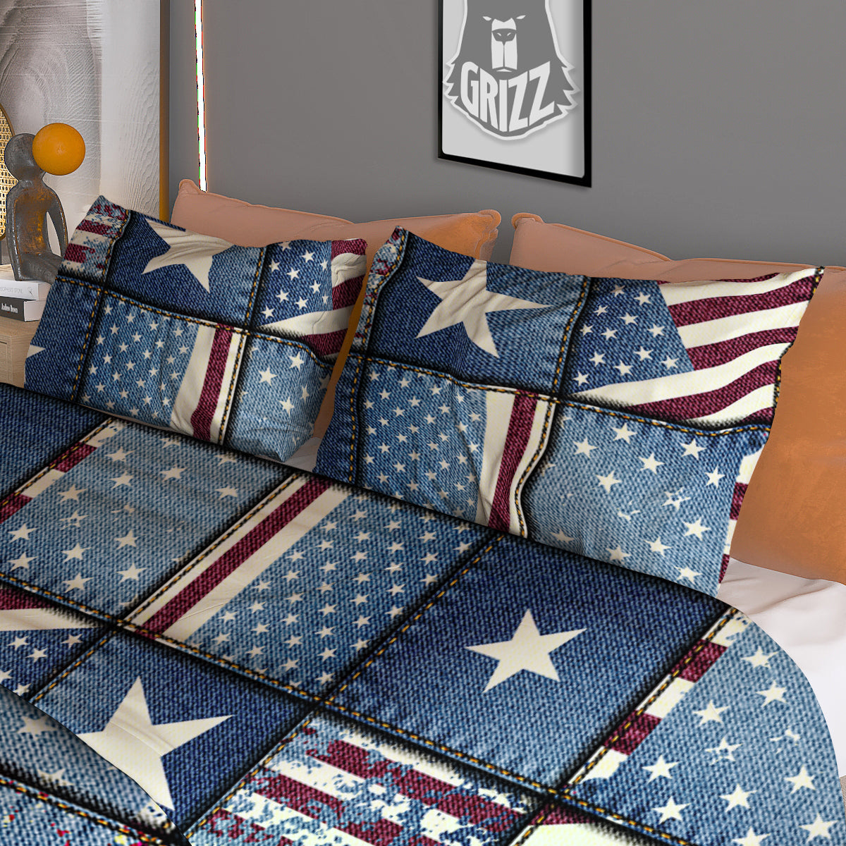 Patchwork USA Denim Print Pattern Duvet Cover Bedding Set