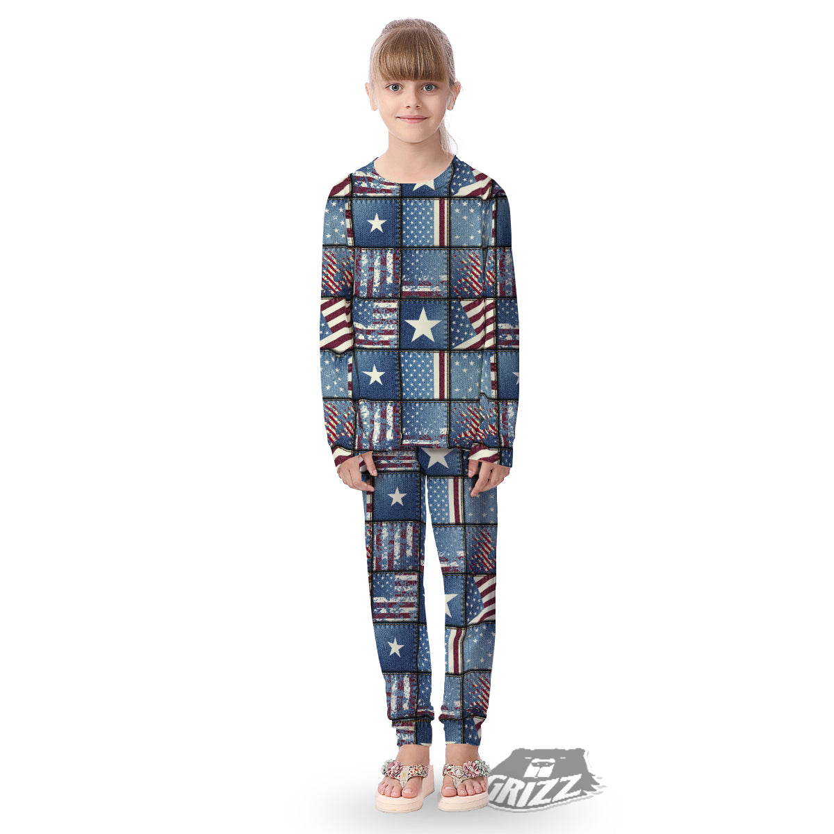 Patchwork USA Denim Print Pattern Kid's Pajamas-grizzshop