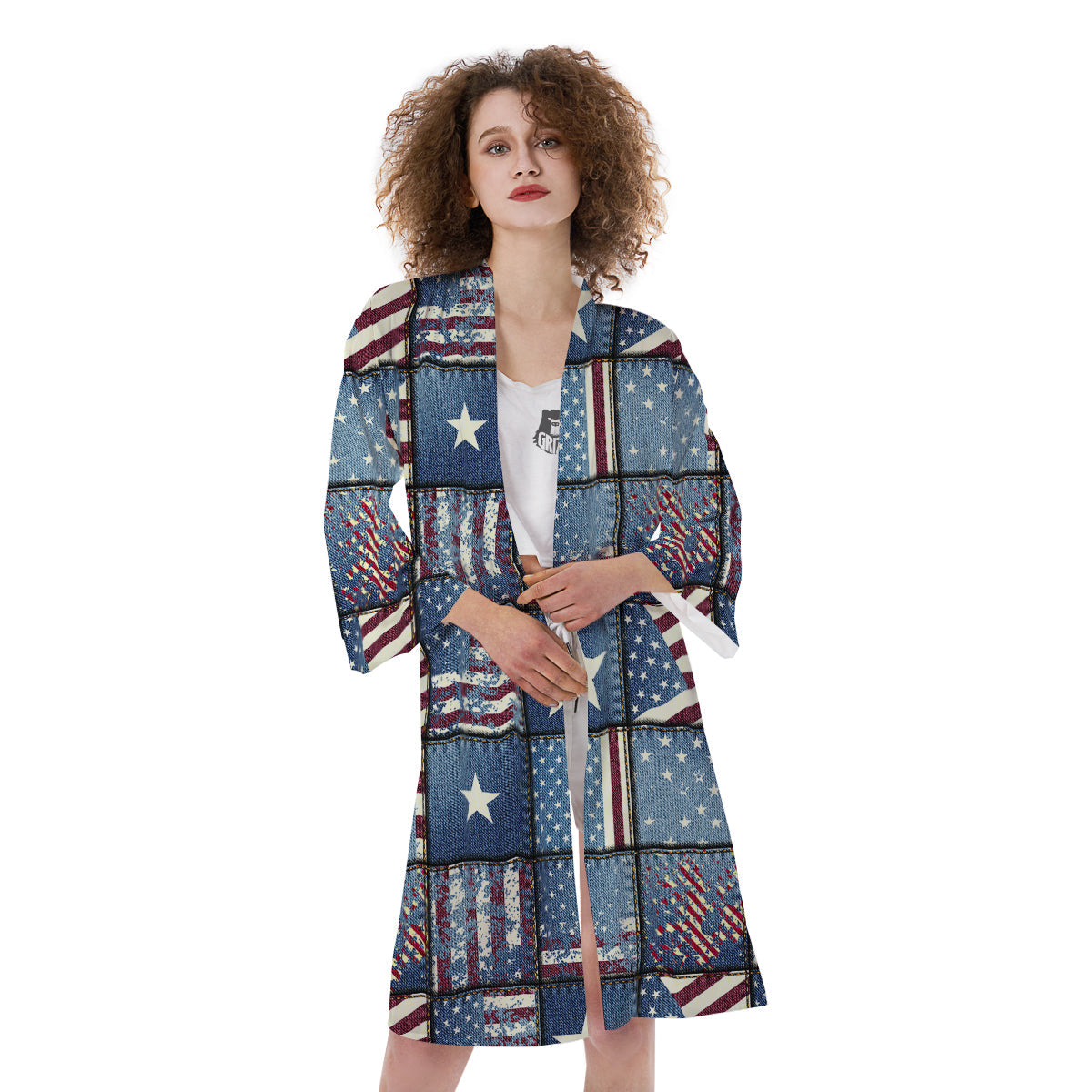 Patchwork USA Denim Print Pattern Kimono-grizzshop