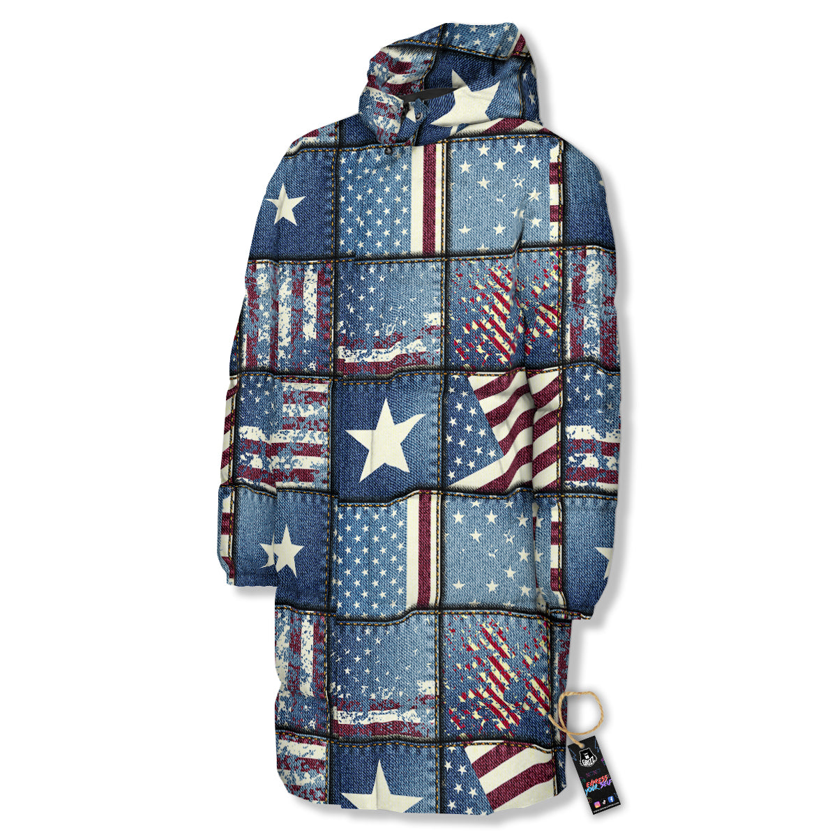 Patchwork USA Denim Print Pattern Long Down Jacket-grizzshop