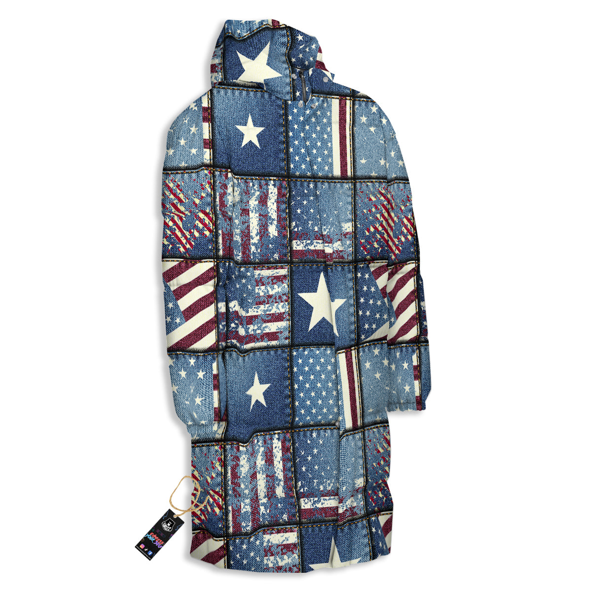 Patchwork USA Denim Print Pattern Long Down Jacket-grizzshop