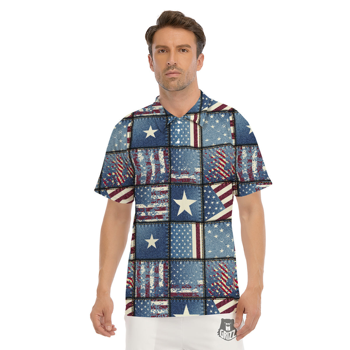 Patchwork USA Denim Print Pattern Men's Golf Shirts-grizzshop