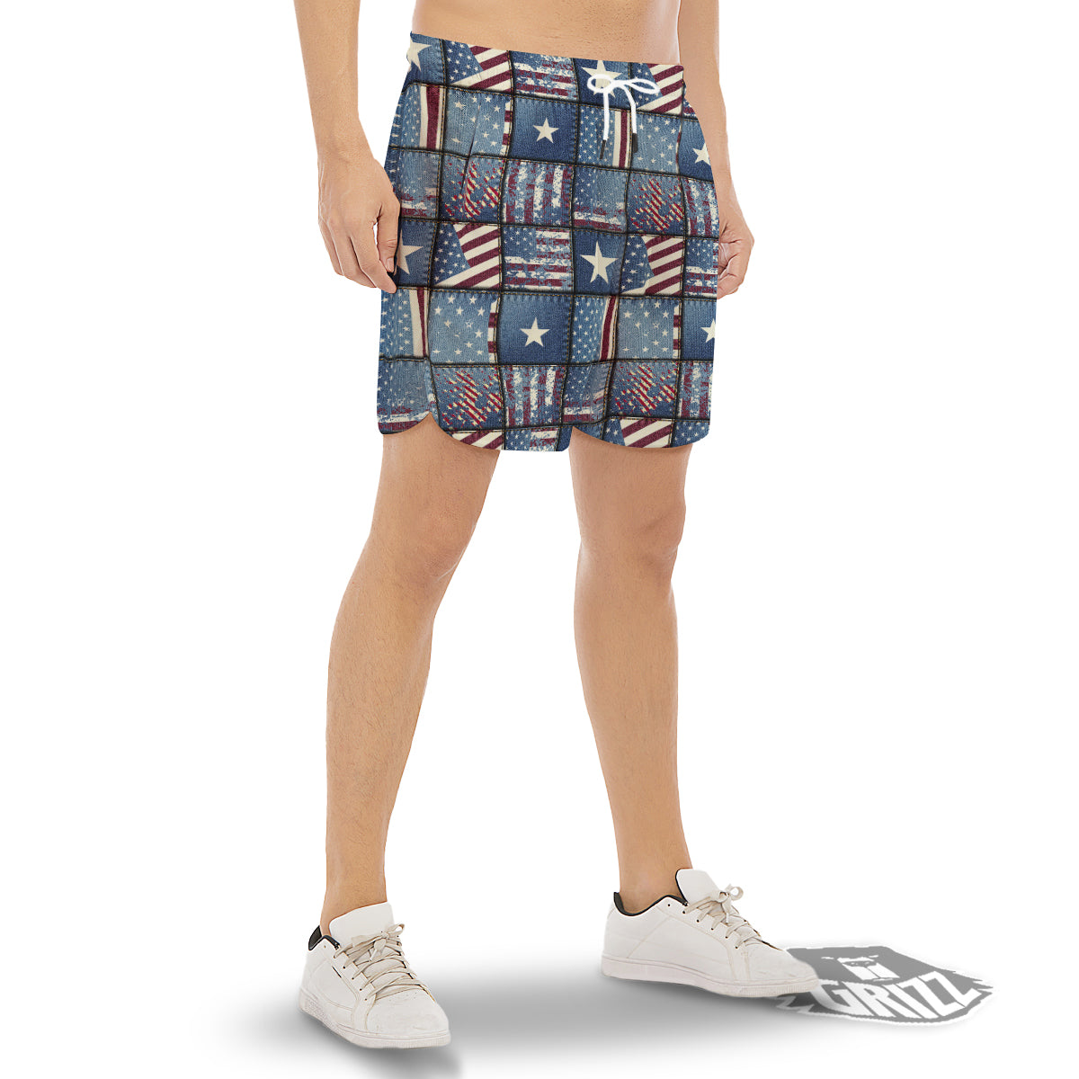 Patchwork USA Denim Print Pattern Men's Gym Shorts-grizzshop