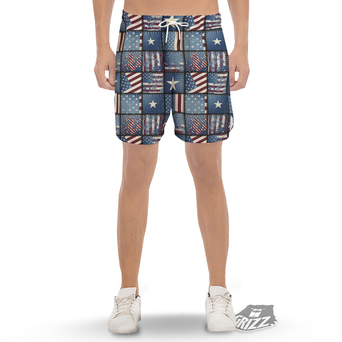 Patchwork USA Denim Print Pattern Men's Gym Shorts-grizzshop