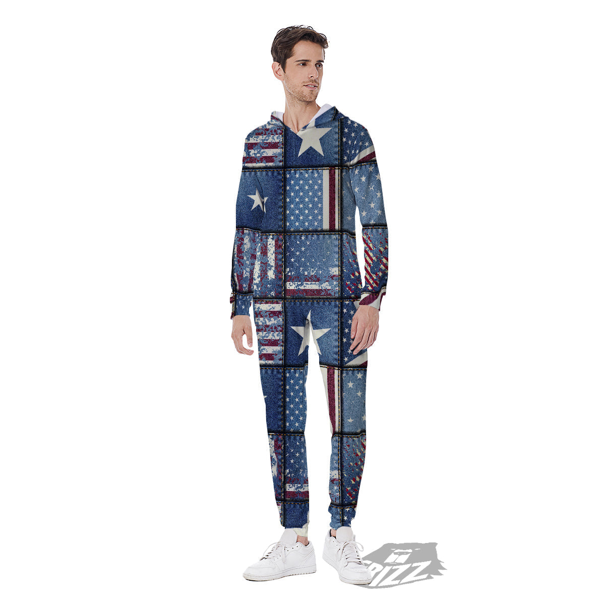 Patchwork USA Denim Print Pattern Men's Jumpsuit-grizzshop