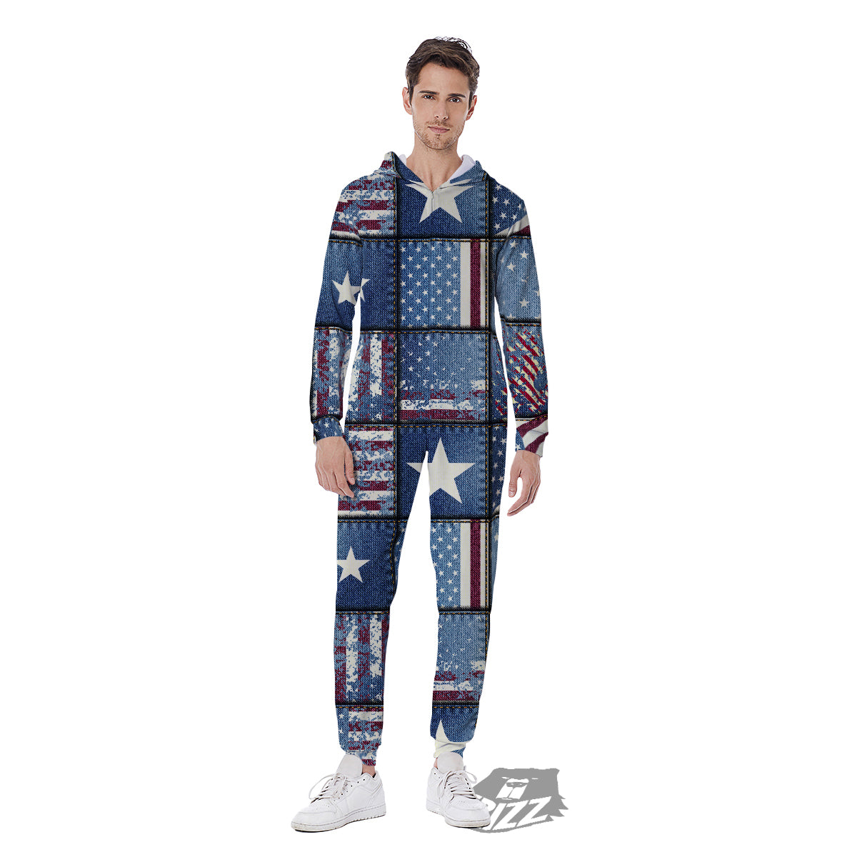 Patchwork USA Denim Print Pattern Men's Jumpsuit-grizzshop