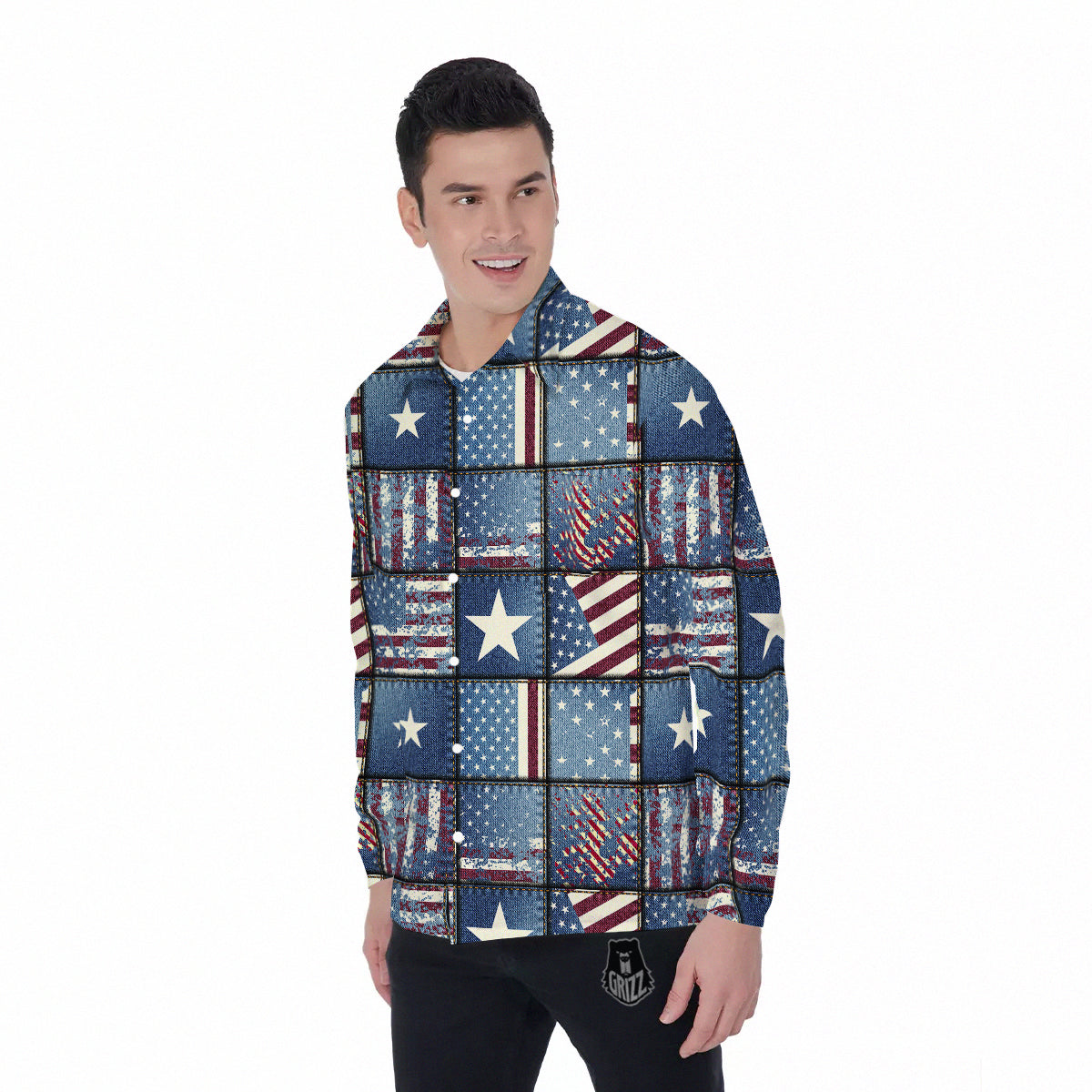 Patchwork USA Denim Print Pattern Men's Long Sleeve Shirts-grizzshop