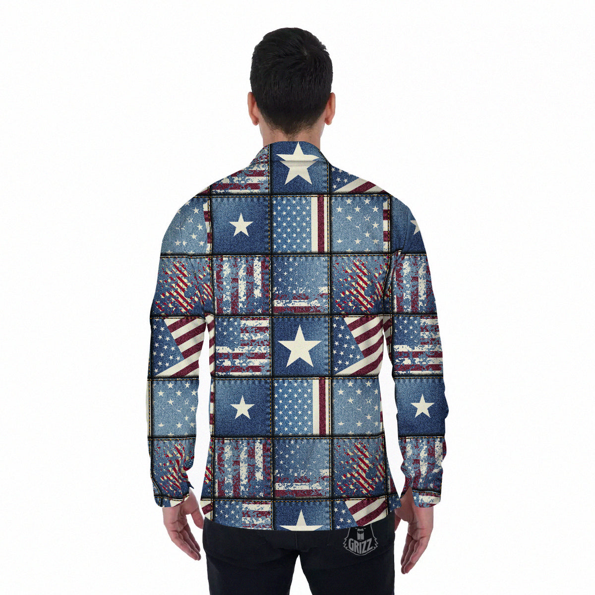 Patchwork USA Denim Print Pattern Men's Long Sleeve Shirts-grizzshop