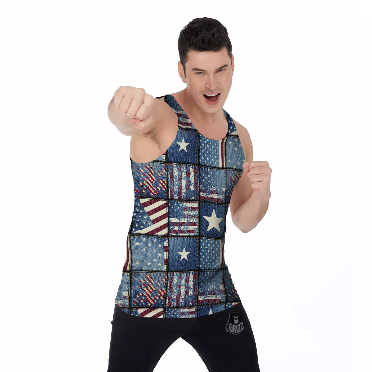 Patchwork USA Denim Print Pattern Men's Tank Top-grizzshop