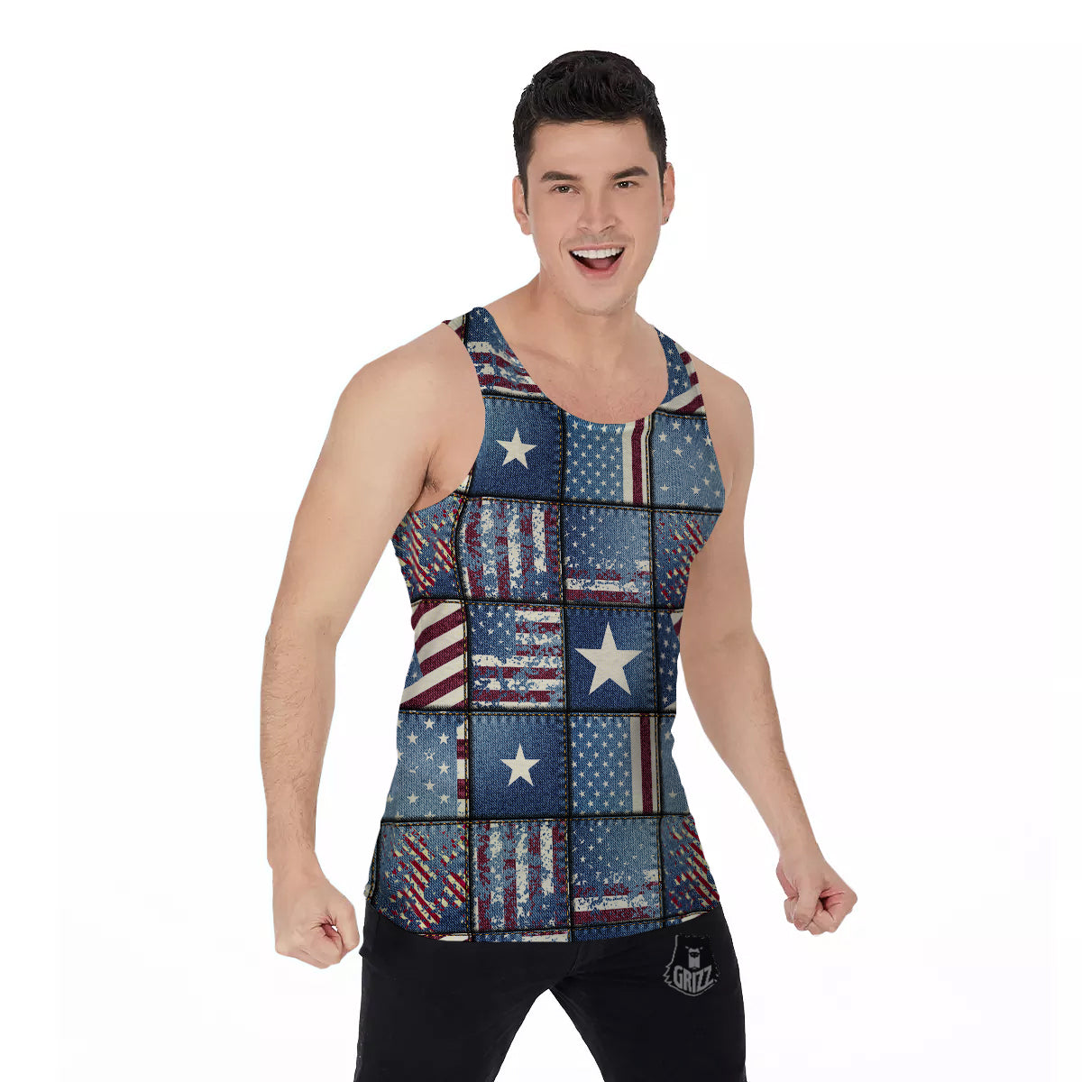 Patchwork USA Denim Print Pattern Men's Tank Top-grizzshop