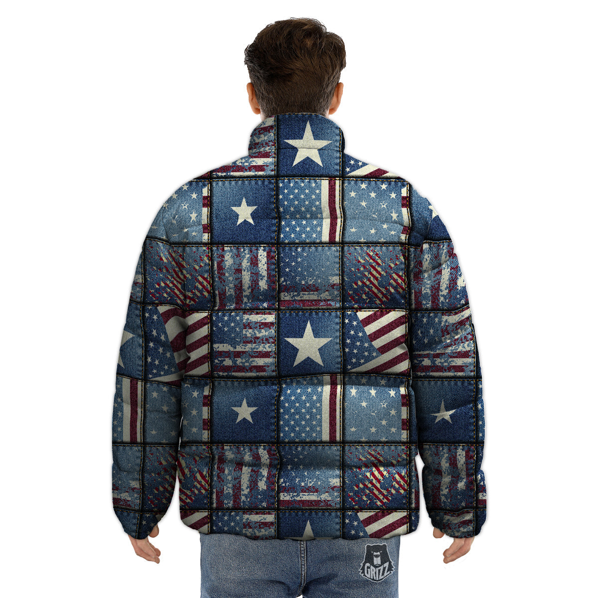 Patchwork USA Denim Print Pattern Puffer Jacket-grizzshop