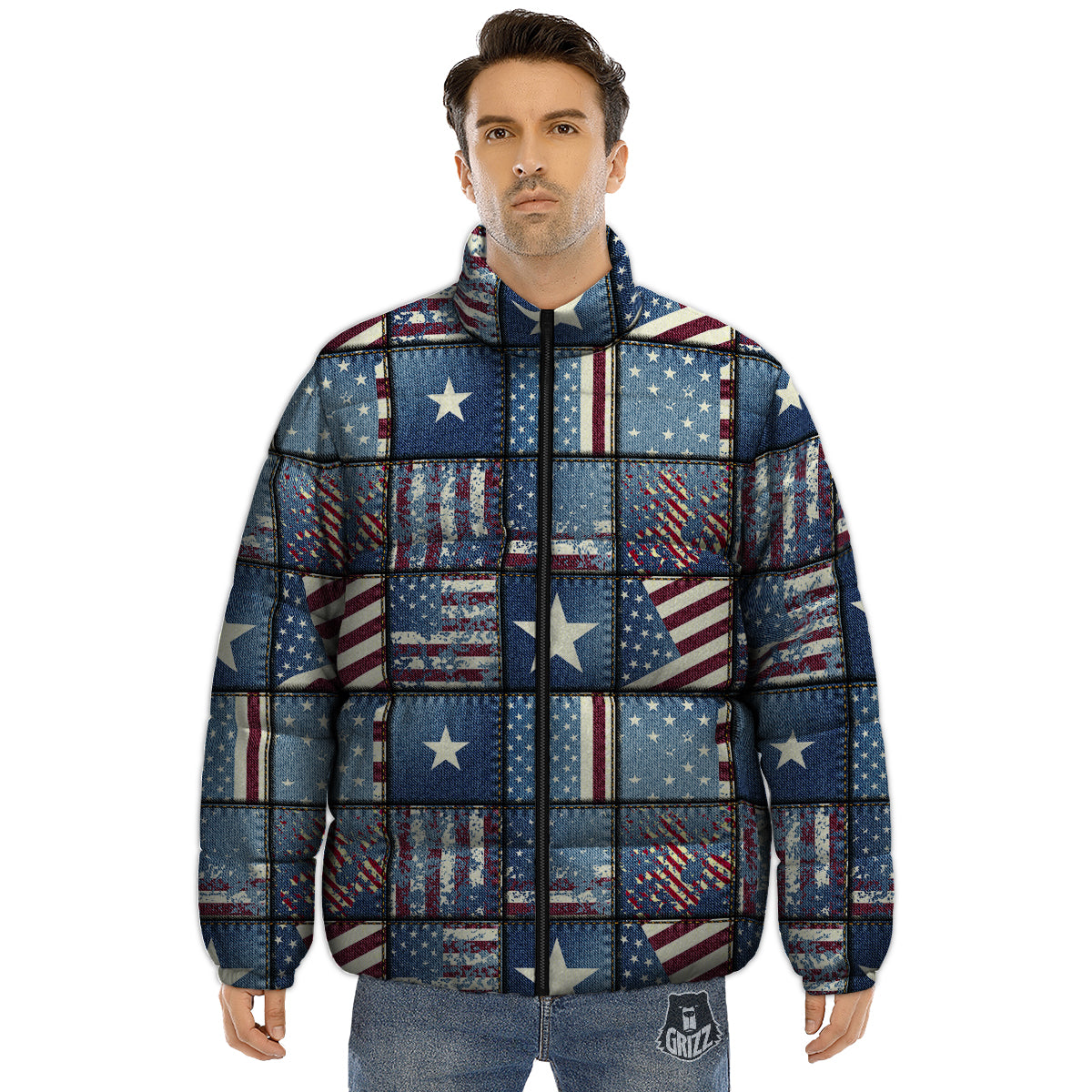 Patchwork USA Denim Print Pattern Puffer Jacket-grizzshop