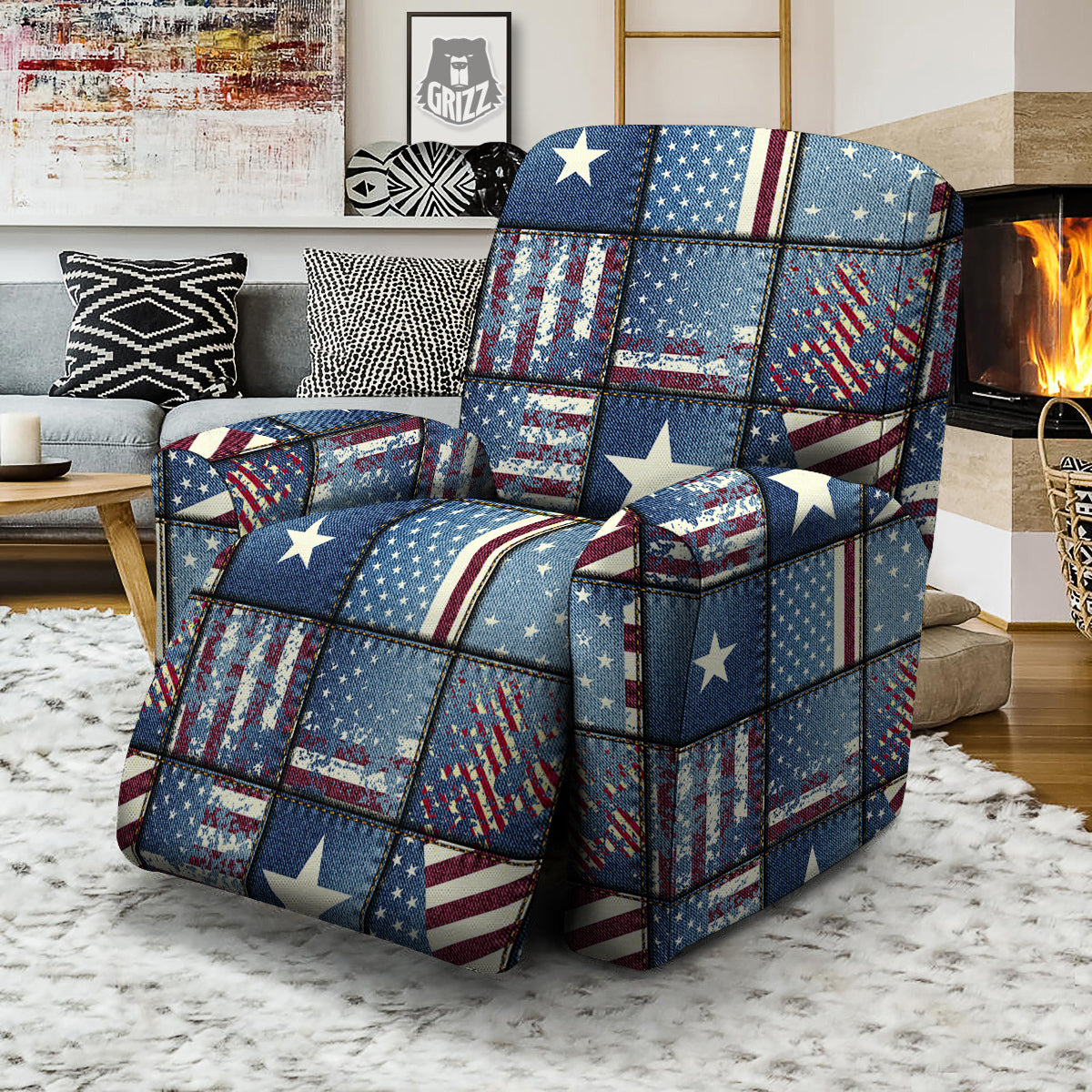 Patchwork USA Denim Print Pattern Recliner Slipcover-grizzshop