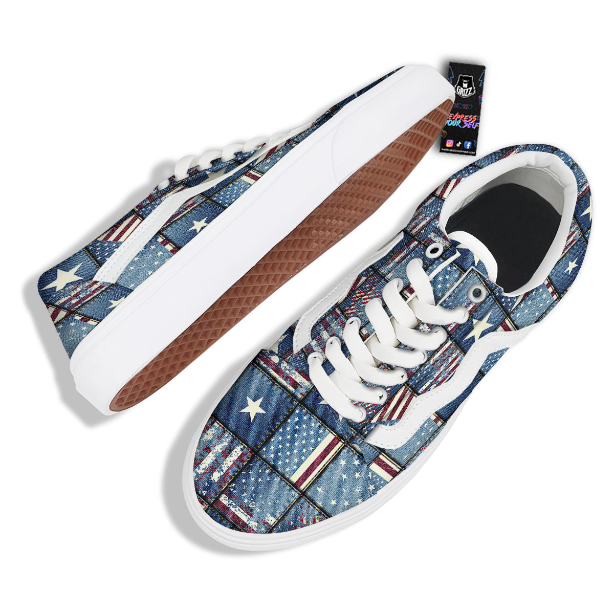 Patchwork USA Denim Print Pattern Skate Shoes-grizzshop