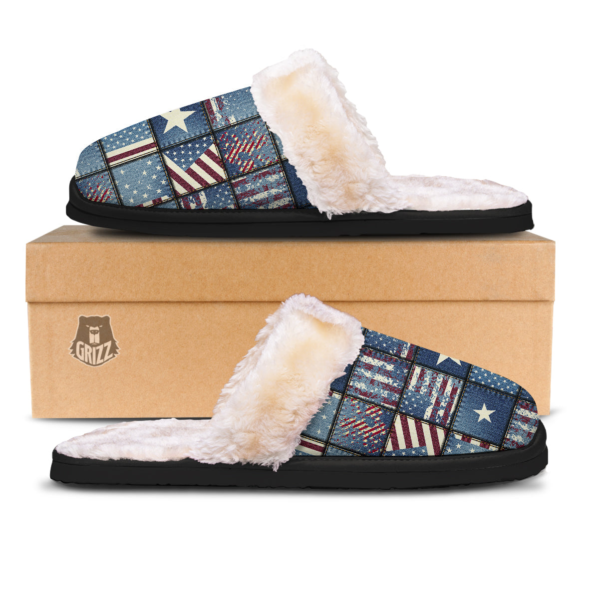 Patchwork USA Denim Print Pattern Slippers-grizzshop