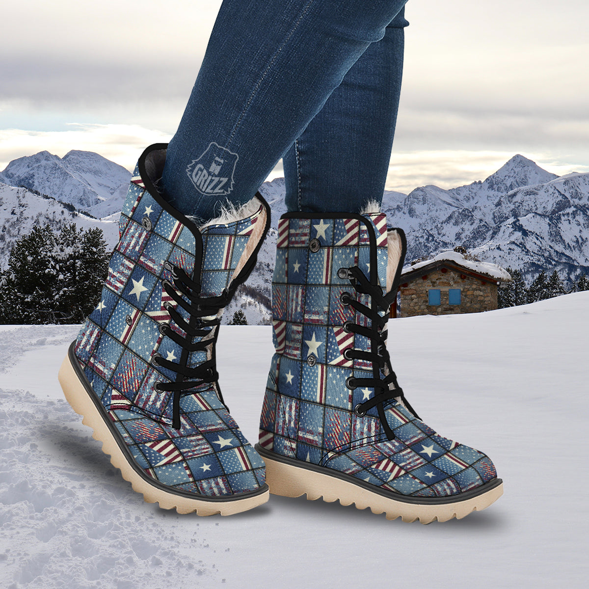 Patchwork USA Denim Print Pattern Snow Boots-grizzshop