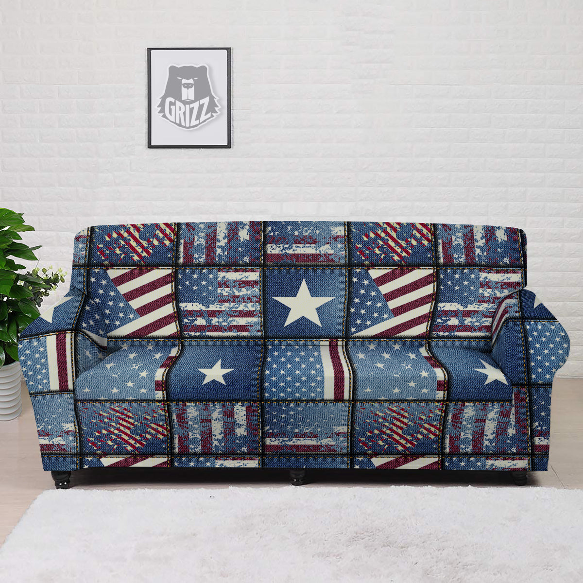 Patchwork USA Denim Print Pattern Sofa Cover-grizzshop