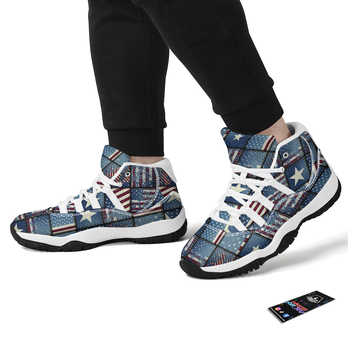 Patchwork USA Denim Print Pattern White Bball Shoes-grizzshop