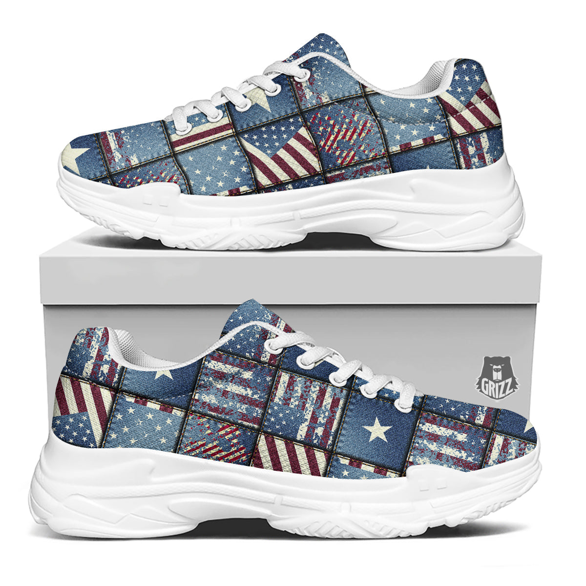 Patchwork USA Denim Print Pattern White Chunky Shoes-grizzshop