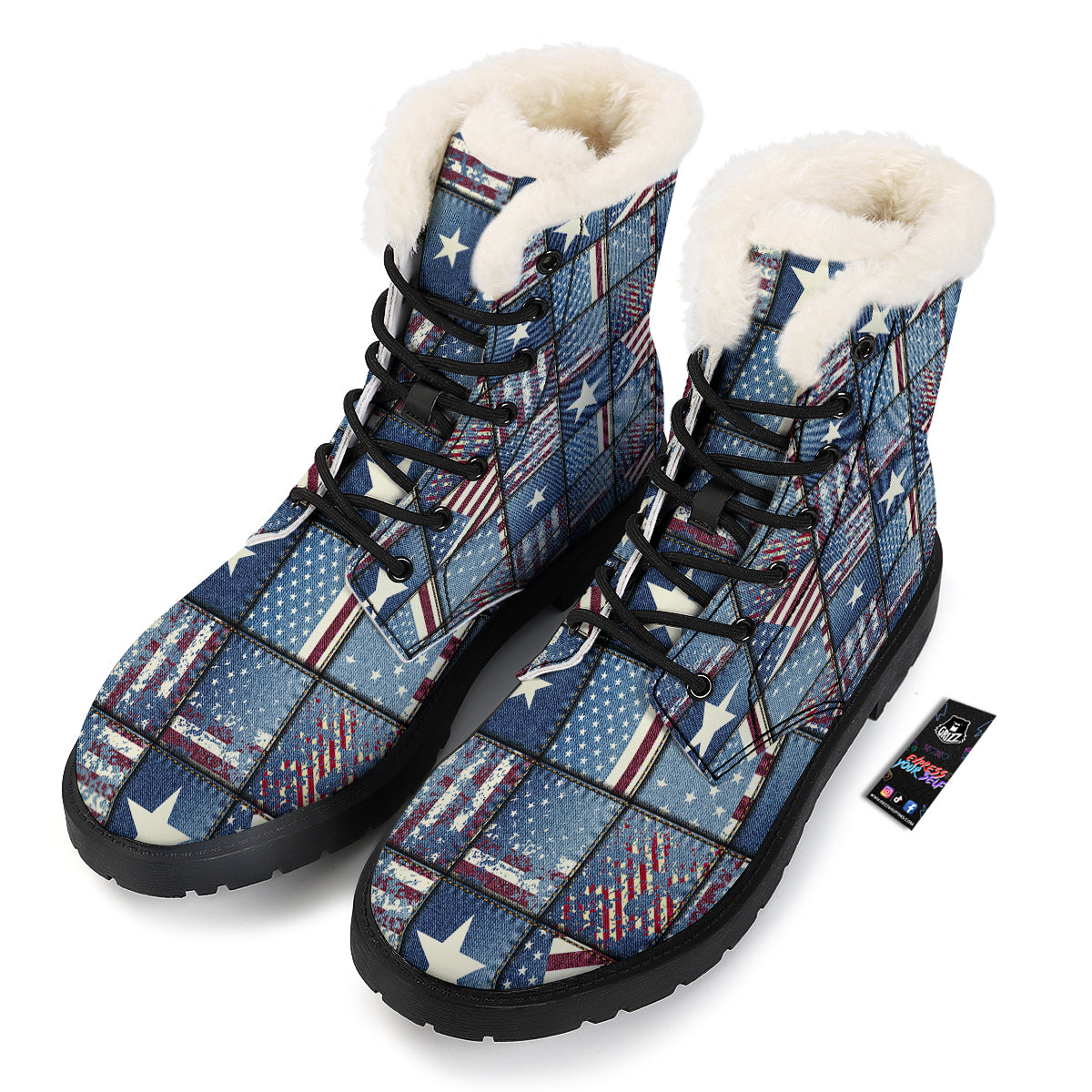 Patchwork USA Denim Print Pattern Winter Boots-grizzshop