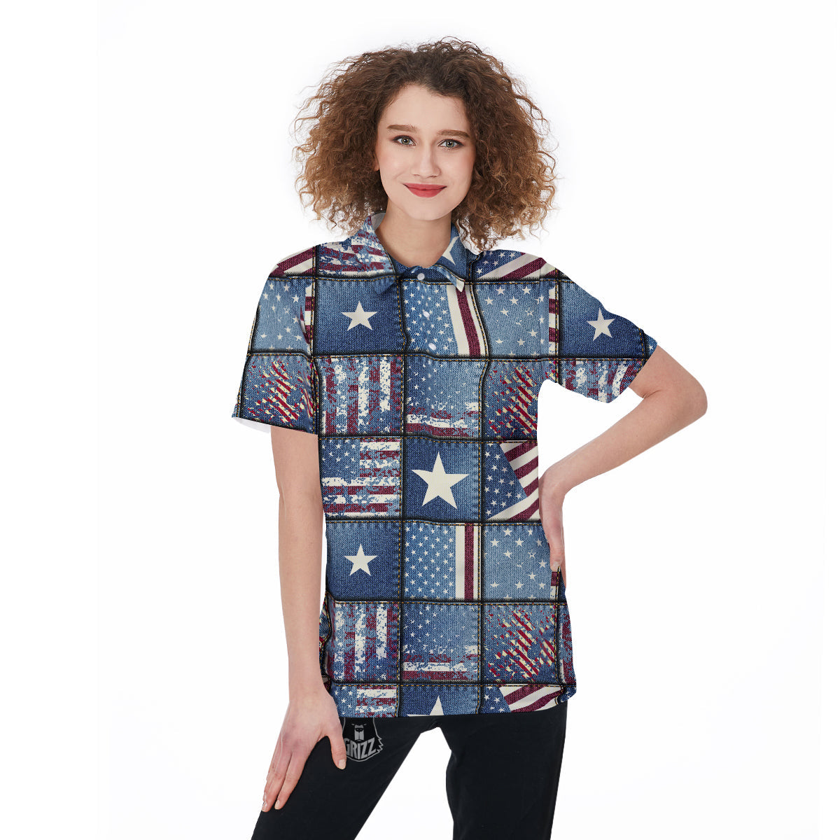 Patchwork USA Denim Print Pattern Women's Golf Shirts-grizzshop