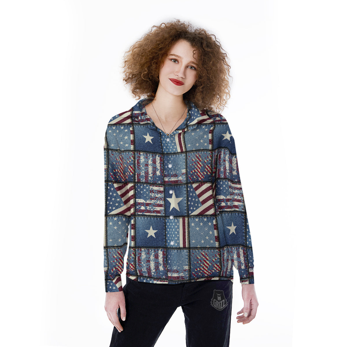 Patchwork USA Denim Print Pattern Women's Long Sleeve Shirts-grizzshop